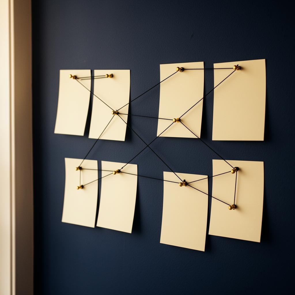 Mapa de proceso en pared con tarjetas conectadas por hilo